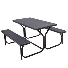 All Weather Outdoor Picnic Table Bench Set with Metal Base Wood (Color: black)